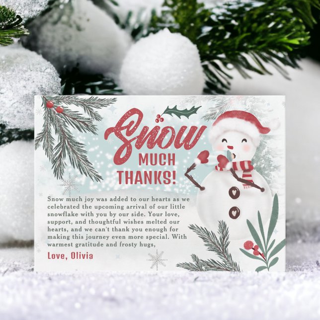 Carte De Remerciements Joli baby shower de neige de pin vert d'hiver (Cute winter green pine ice snowman baby shower thank you card)