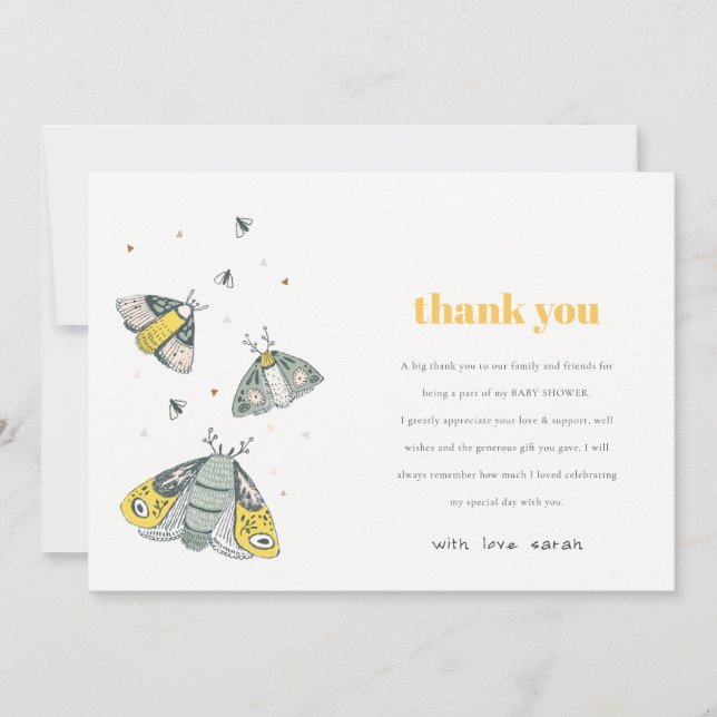 Carte De Remerciements Joli Baby shower de petit bug gris jaune élégant (Devant)