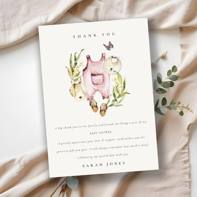 Carte De Remerciements Joli Baby shower Feuilleté Rose Foliage Fille Vête (Créateur téléchargé)