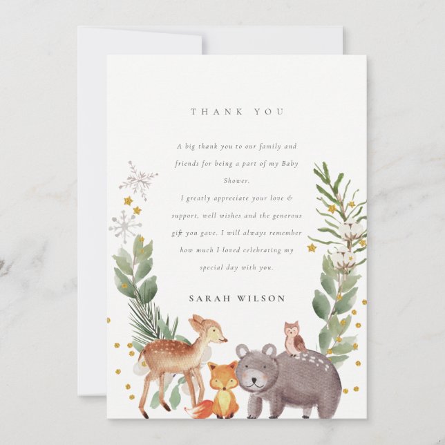 Carte De Remerciements Joli Baby shower feuillus d'animaux de bois élégan (Devant)
