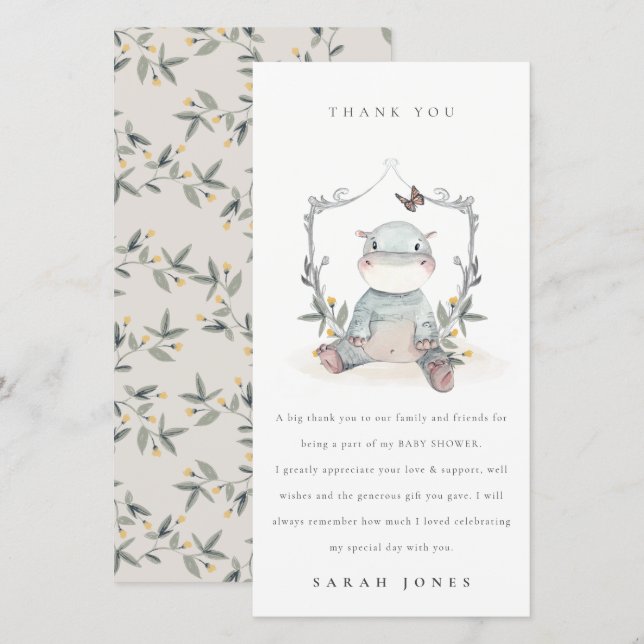 Carte De Remerciements Joli Baby shower Jaune bébé Hippo Foliage (Devant / Derrière)
