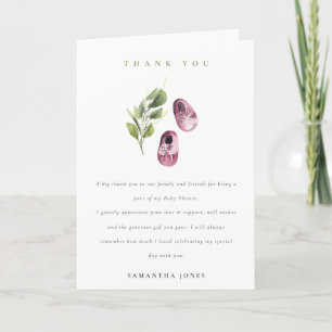 Carte De Remerciements Joli Baby shower Rose rose Fille Chaussures Foliag