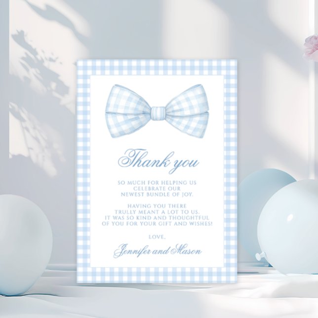 Carte De Remerciements Joli bleu en vichy arc cravate bébé garçon douche (Créateur téléchargé)