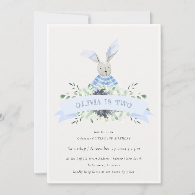 Carte De Remerciements Joli Bleu Lapin Foliage N'Importe Quel Âge Anniver (Devant)