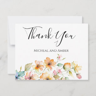 Carte De Remerciements Joli Boho Orange rose Aquarelle Fleurs sauvages