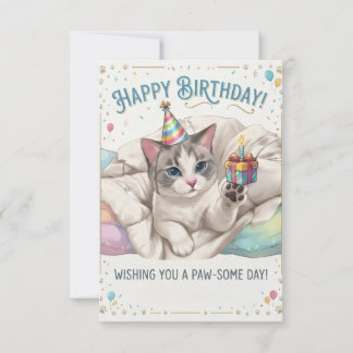 Carte De Remerciements Joli Chat d'Anniversaire avec Chapeau de Fête et C
