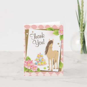 Carte De Remerciements Joli cheval Brown, fleurs roses et gâteaux