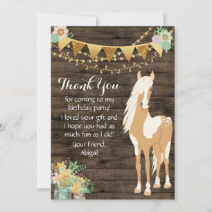 Carte De Remerciements Joli cheval et fleurs Bois rustique