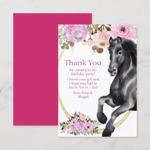 Carte De Remerciements Joli Cheval Noir avec Fleurs Roses Anniversaire