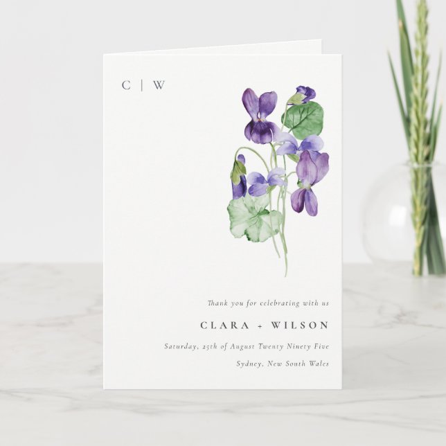 Carte De Remerciements Joli Chic Monogram Violet Floral Bunal Mariage (Devant)