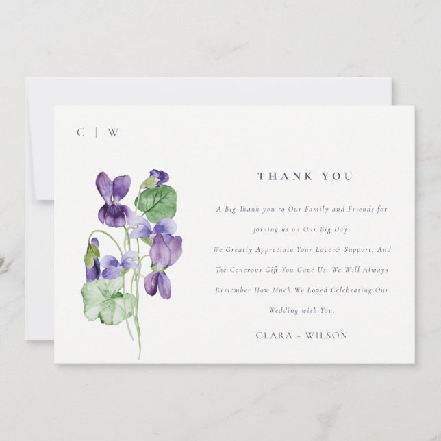 Carte De Remerciements Joli Chic Monogram Violet Floral Bunal Mariage (Devant)