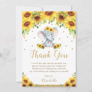 Carte De Remerciements Joli Eléphant Tournesol 1er anniversaire fête Flor