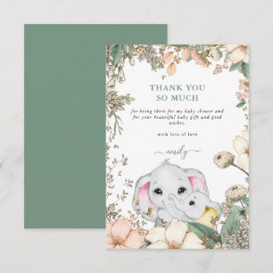 Carte De Remerciements Joli Eléphants Foliage Sage Baby shower vert