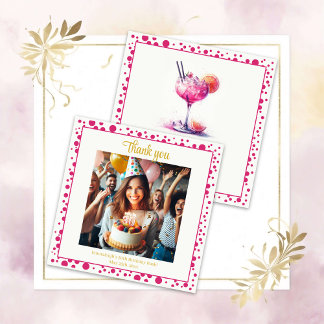 Carte De Remerciements Joli en Rose Cocktail Anniversaire Remerciements