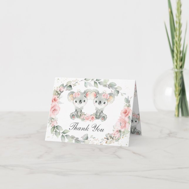 Carte De Remerciements Joli Koalas Rose Floral Twin Girls Baby shower (Devant)