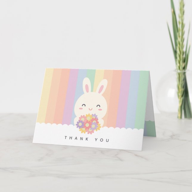 Carte De Remerciements Joli lapin lapin avec Fleurs arc-en-ciel (Devant)