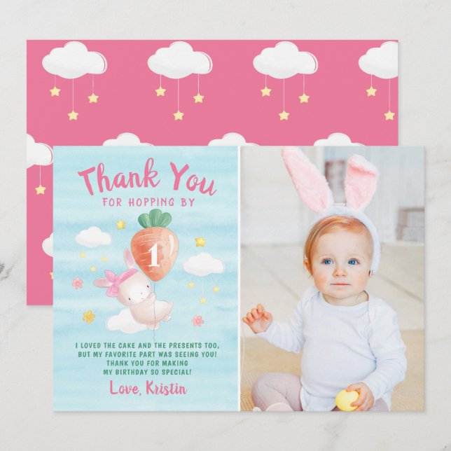Carte De Remerciements Joli Lapin Rose avec Carotte Photo Anniversaire (Devant / Derrière)