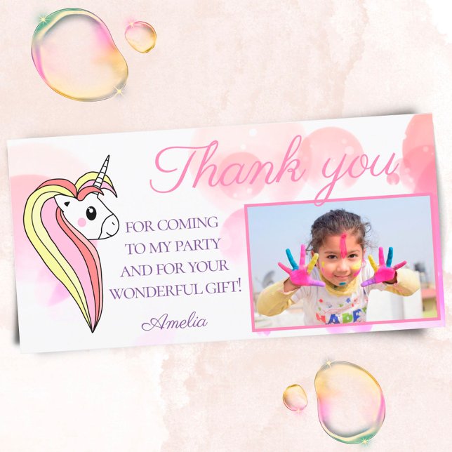 Carte De Remerciements Joli Licorne Rose Photo Anniversaire Enfants (Créateur téléchargé)