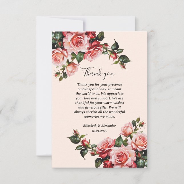 Carte De Remerciements Joli mariage rose et rouge roses (Devant)