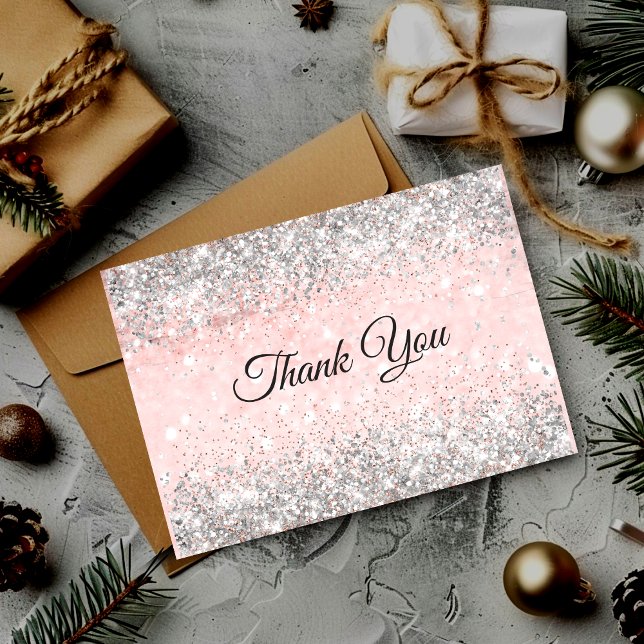 Carte De Remerciements Joli monogramme rose poudré faux paillettes argent (Créateur téléchargé)