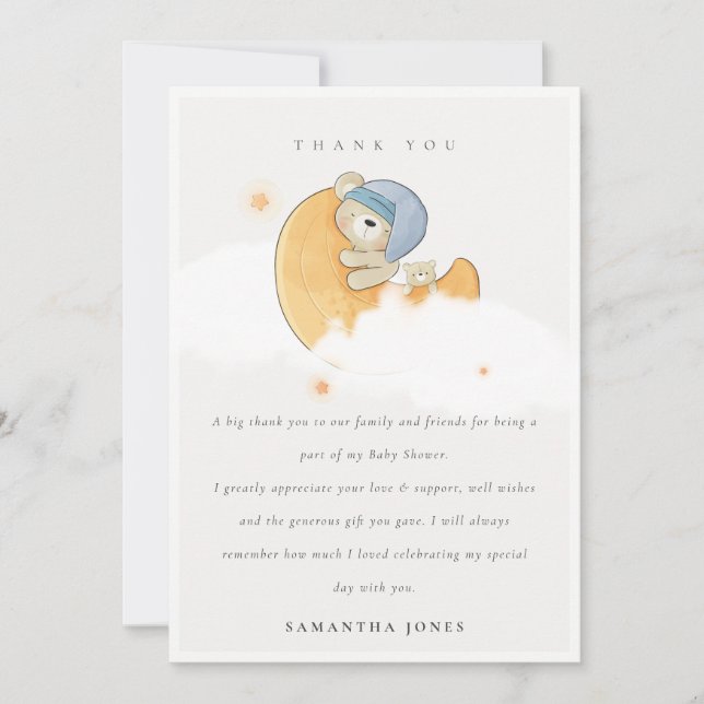 Carte De Remerciements Joli Ours Bleu Sommeil Sur Lune Baby shower Garçon (Devant)
