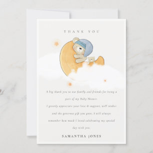 Carte De Remerciements Joli Ours Bleu Sommeil Sur Lune Baby shower Garçon