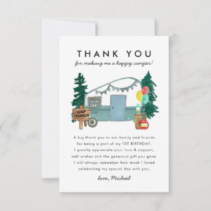 Carte De Remerciements Joli petit campeur heureux Arbres Camping 1er anni