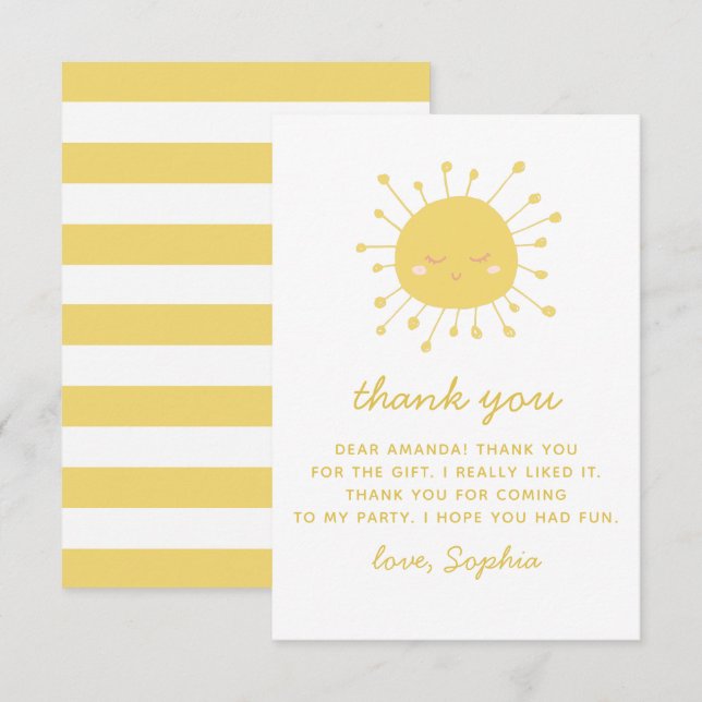 Carte De Remerciements Joli soleil jaune. Anniversaire de enfant Sunshine (Devant / Derrière)