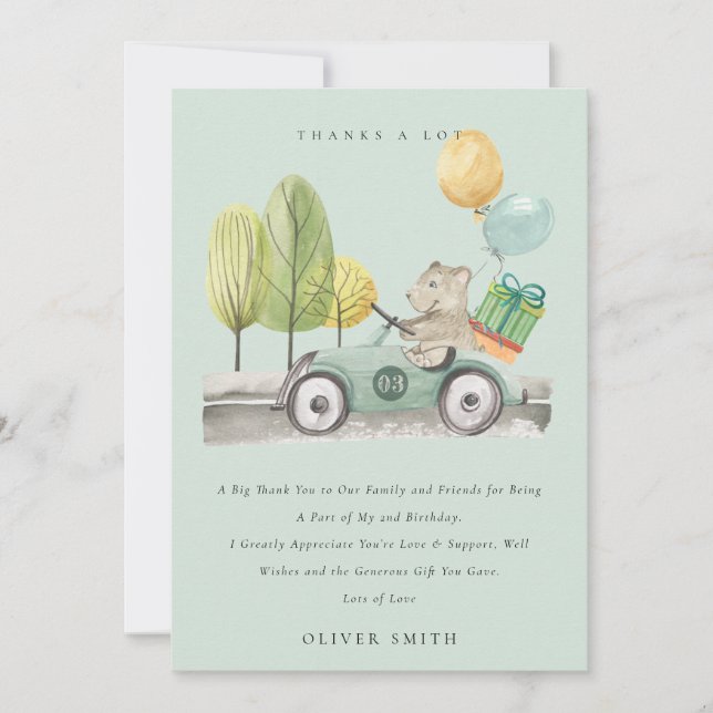 Carte De Remerciements Joli Teddy Car Aqua Vert pour Anniversaire Tout Âg (Devant)