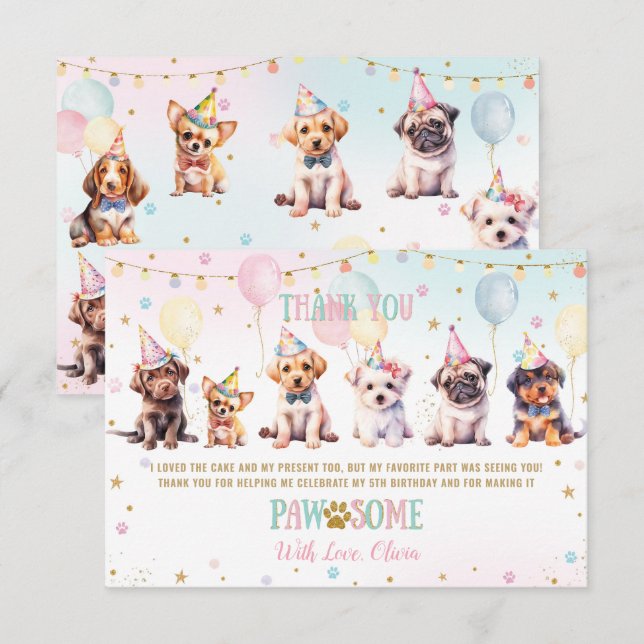 Carte De Remerciements Jolie adorable Chien Chien Balloons Anniversaire (Devant / Derrière)