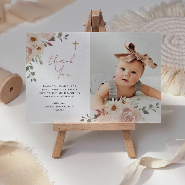Carte De Remerciements Jolie aquarelle neutre Floral | Photo du baptême (Créateur téléchargé)