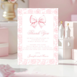 Carte De Remerciements Jolie baby shower pour bébé fille avec un nœud ros