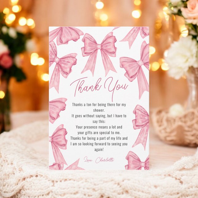Carte De Remerciements Jolie coquette de Noël rose pour enterrement de vi (Cute Christmas Coquette Pink Bow Bridal Shower Thank You Card)