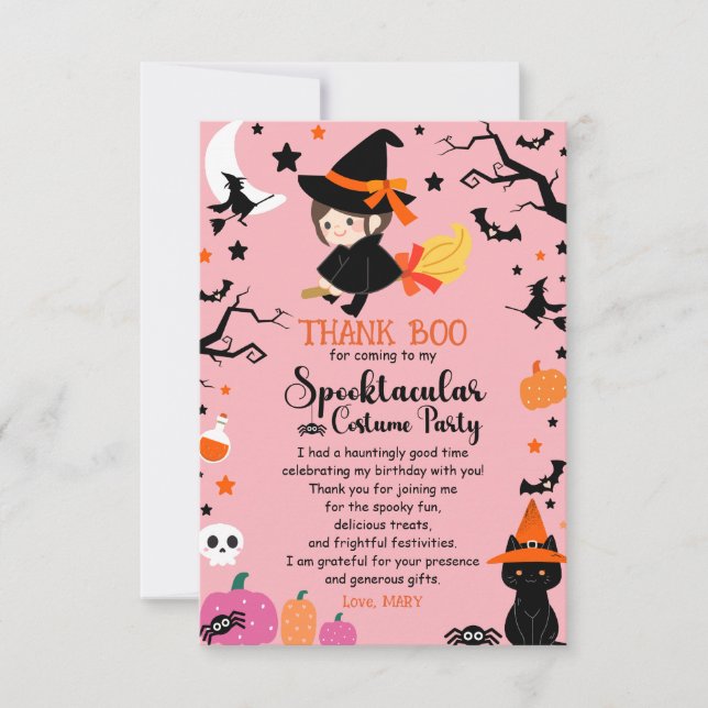 Carte De Remerciements Jolie et Éffrayante Sorcière rose Halloween Annive (Devant)
