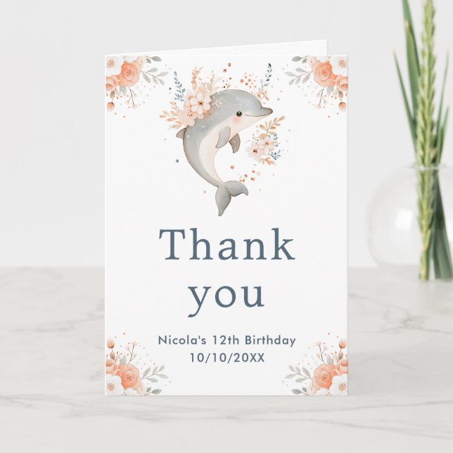Carte De Remerciements Jolie fête d'anniversaire du dauphin floral (Devant)