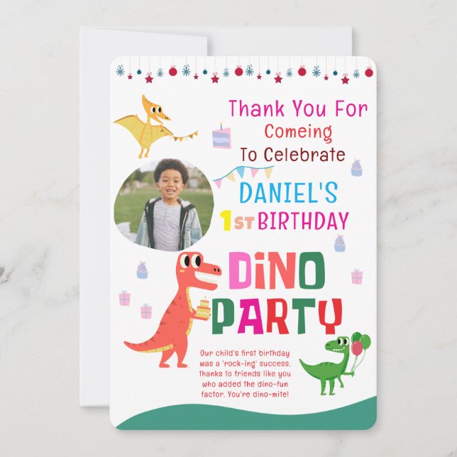 Carte De Remerciements Jolie fête d'anniversaire moderne de dinosaure pou (Devant)