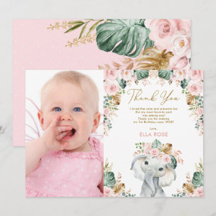 Carte De Remerciements Jolie fille éléphante Boho rose Floral Anniversair