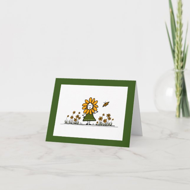 Carte De Remerciements Jolie Fleur de Cartoon dans un jardin de papillons (Devant)
