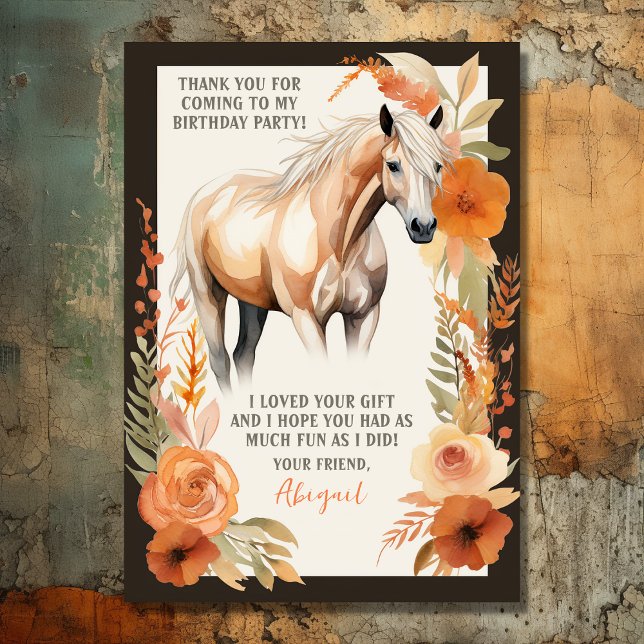 Carte De Remerciements Jolie fleur de cheval et de pêche Aquarelle Annive (Front - Pretty Horse and Peach Flowers Watercolor Birthday Thank You Card)