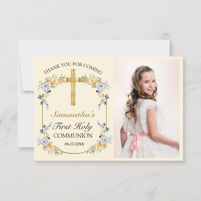 Carte De Remerciements Jolie Florale au Beurre de la Première Communion (Devant)
