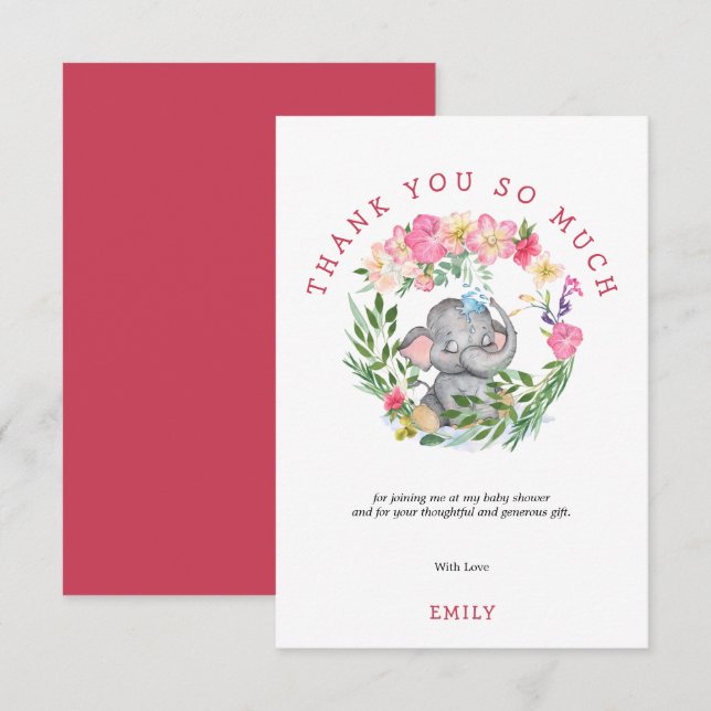 Carte De Remerciements Jolie Flore d'éléphant Feuillage Baby shower rose (Devant / Derrière)