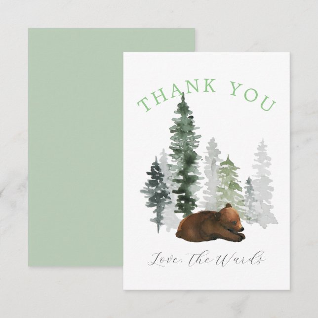 Carte De Remerciements Jolie forêt de couleur aquarelle bébé ours (Devant / Derrière)