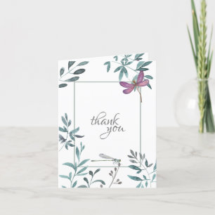 Carte De Remerciements Jolie libellule aquarelle, verdure de jardin, blan