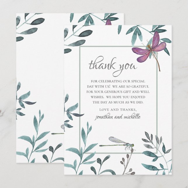 Carte De Remerciements Jolie libellule Jardin de verdure sur Mariage blan (Devant / Derrière)