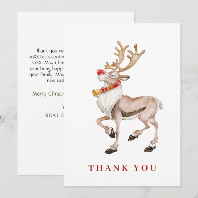 Carte De Remerciements Jolie Noël Cartoon Reindeer Salutation vacances (Devant / Derrière)