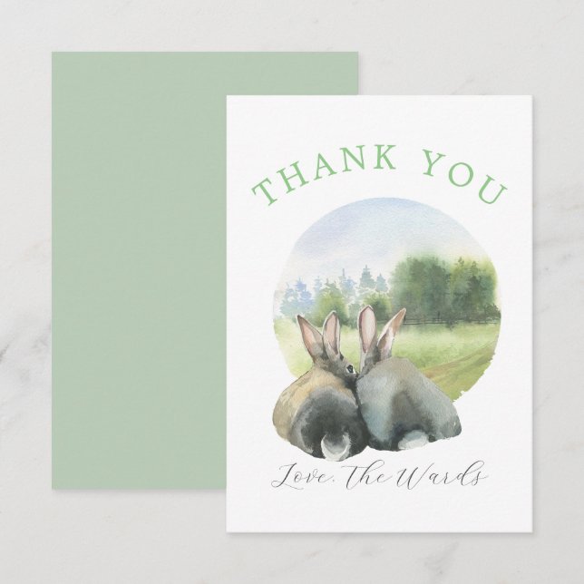 Carte De Remerciements Jolie paire de lapins de couleur aquarelle (Devant / Derrière)