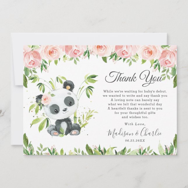 Carte De Remerciements Jolie Panda rose Floral Verdure Baby shower fille (Devant)