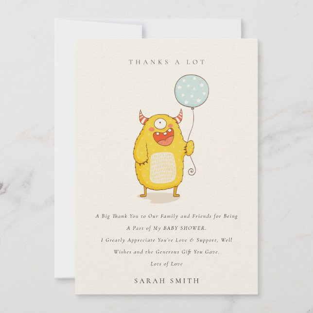 Carte De Remerciements Jolie petite Baby Shower de monstre aqua jaune heu (Devant)