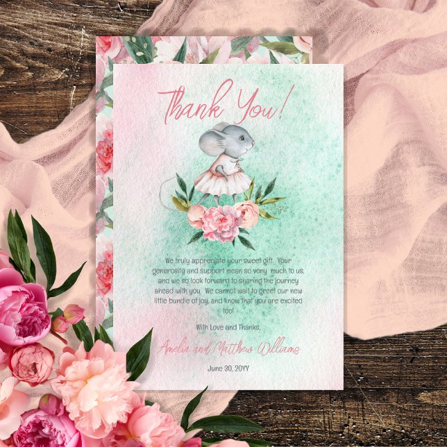 Carte De Remerciements Jolie petite souris rose | Baby shower pour fille  (Créateur téléchargé)