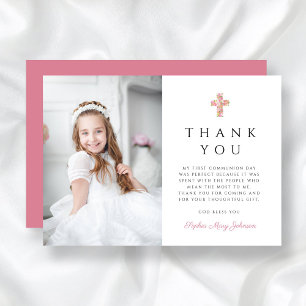 Carte De Remerciements Jolie Première Communion Fille Croix Florale Rose